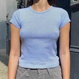 Brandy Melville Blue and White Striped Short Sleeve Tee